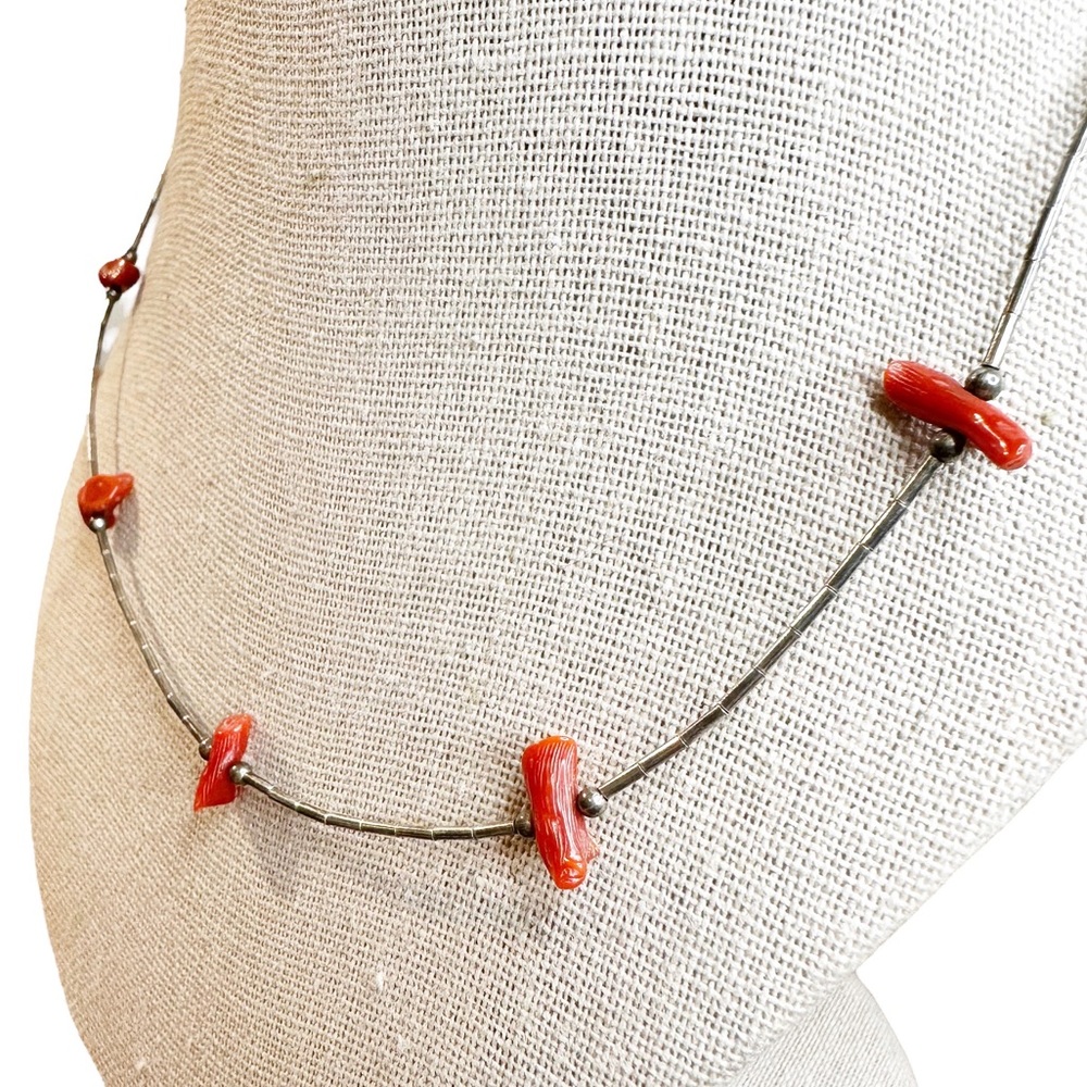 Vintage Native Red Coral Bead Liquid Sterling Silver Necklace 17"